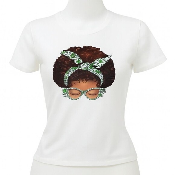 Hand Crafted Tops - St Patrick Day Shamrock, Afro Messy Bun Custom Made T-Shirt - NWT